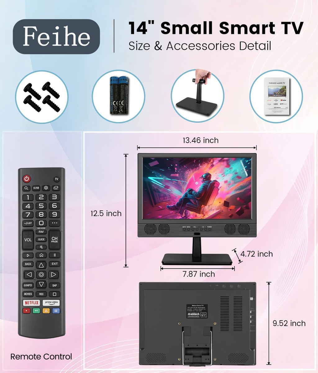 Feihe 14 Inch Small Smart TV, HD LED Flat Screen Smart TV with ATSC Tuner/HDMI/USB/AV for Kitchen, RV, Camper, Bedroom or Travel Use