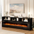 PRETZI 65' Fireplace TV Stand with 60' Glass Electric Fireplace for TVs Up to 75 inch, Modern Fireplace Entertainment Center with Open Storage Shelf, Media Console TV Cabiet for Living Room, Black