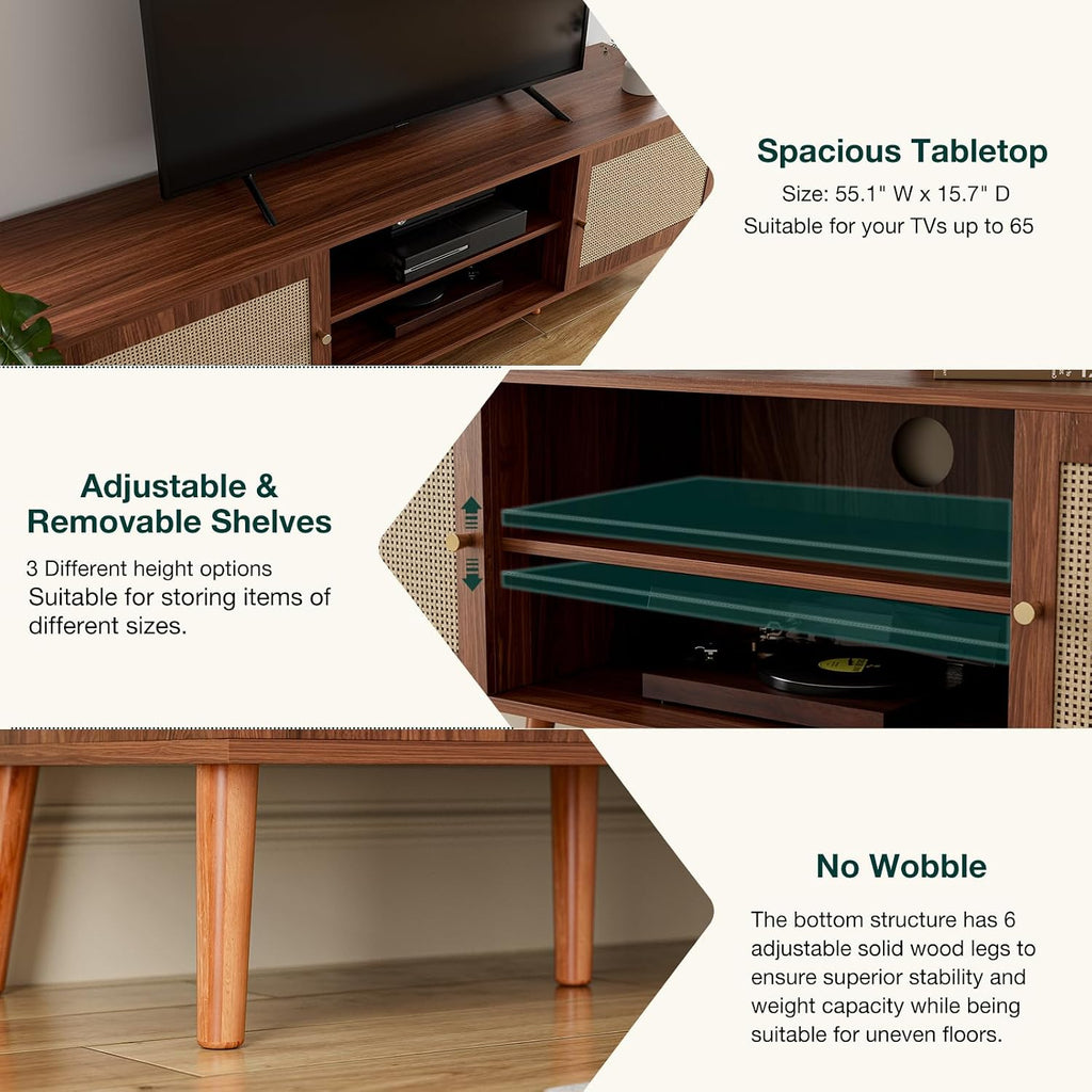 ZttRiee TV Stand for TVs up to 65'', Entertainment Center With Rattan Door, Shelves & 2 Cabinets, Long Boho Media Console for Living Room, Walnut