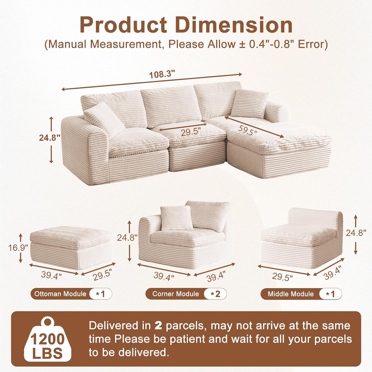 108' Modular Sectional Sofa Couches L Shaped Couch 3 Seater Cloud Sofa Memory Foam Sectional Couches for Living Room, Boneless Couch with Ottoman, Corduroy, Beige