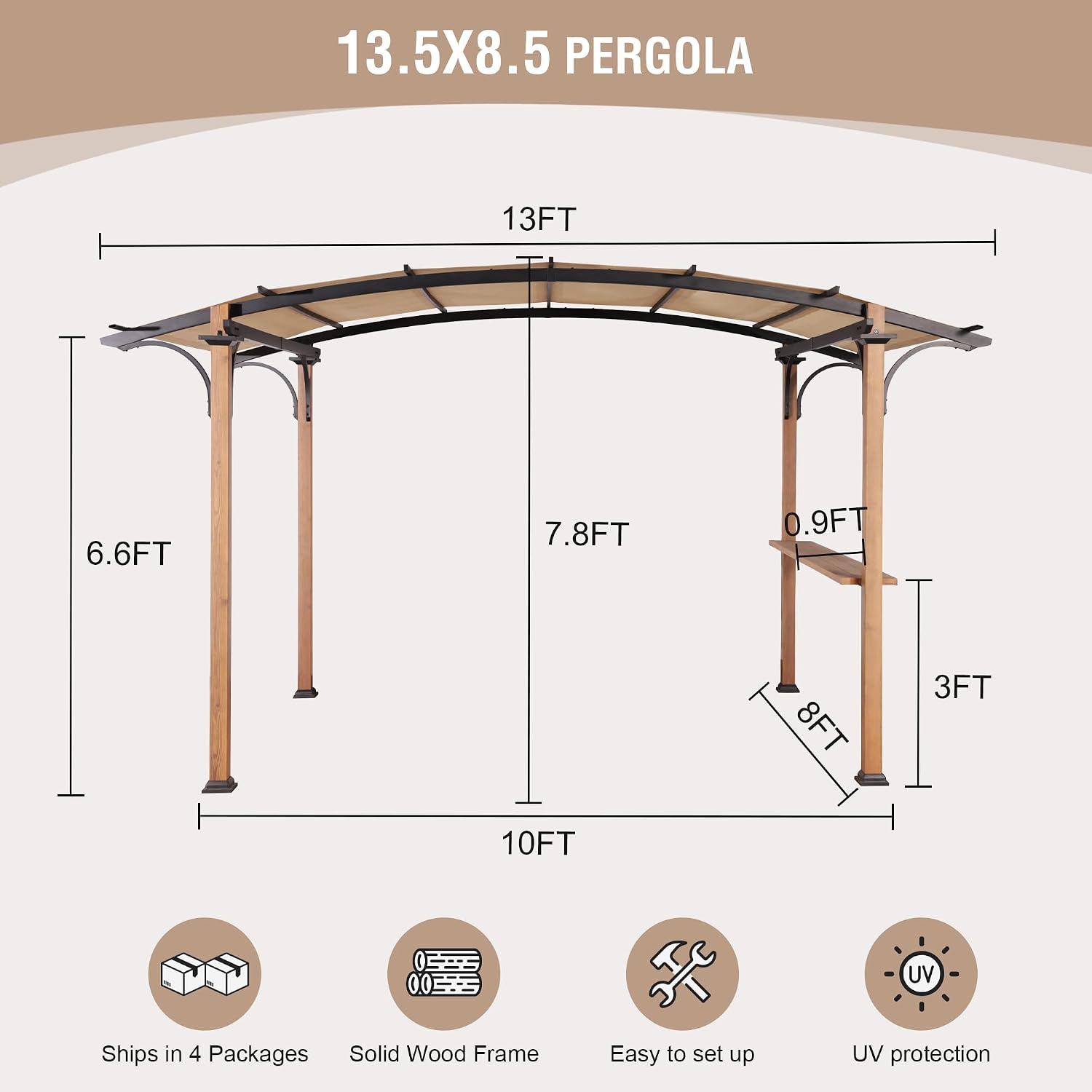 8.5' x 13' Outdoor Pergola, Metal Gazebo with Arched Top Canopy, Shelves, Bar Top, Natural Wood Looking Frame Pergola for Backyard, Garden, Patio.Beige