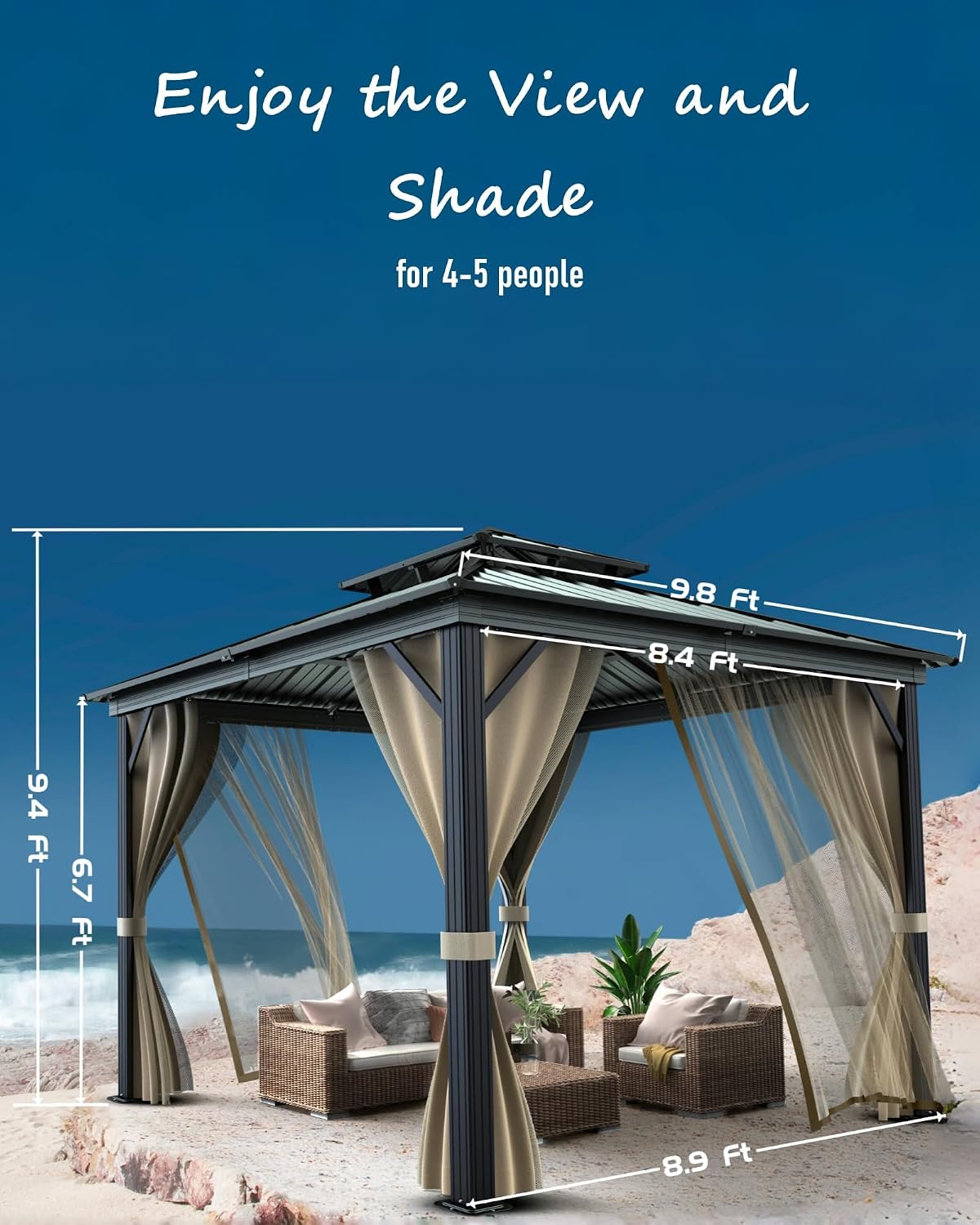 10'x10' Hardtop Gazebo - Heavy Duty Galvanized Steel Frame with Double Roof, Includes Netting & Curtains for Patio/Backyard (Brown)