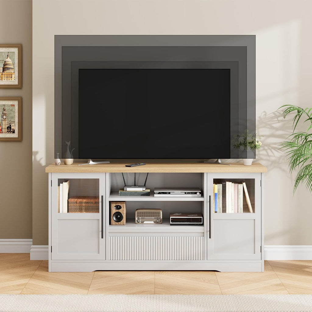 GarveeHome TV Stand, 72 in Wave Pattern Entertainment Center with 2 Glass Door Cabinets, Farmhouse TV Media Console with Open Storage Compartments for Living Room, White & Natural