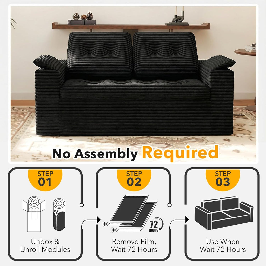 Boneless Loveseat Sofa, 60in Cloud Couch Sofa for Living Room 2 Seater Modern Lounge Sleeper Couch with Removable Cover Corduroy with Armrest, Seat Cushion & Pillows for Small Spaces, Black