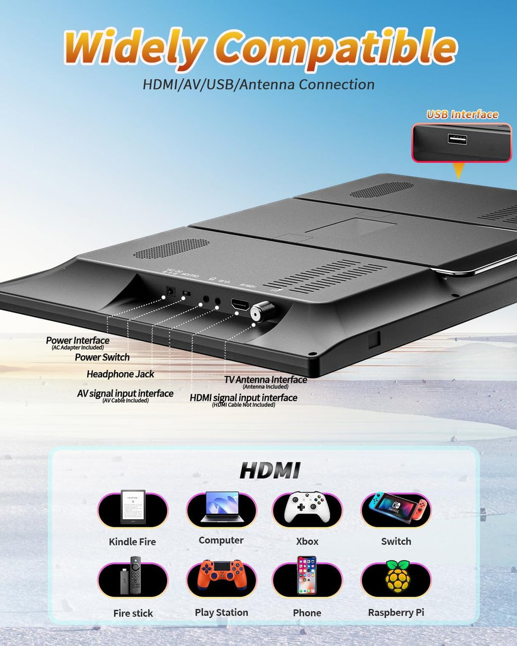 NORTHING 19 Inch Portable TV for Indoor Outdoor,Full HD 1080P Portable TV for Camping, 8000mAH Built-in Power Operated TV, Antenna/HDMI/USB/AV Input, Small T V for Kitchen Patio Camping RV Boat Car