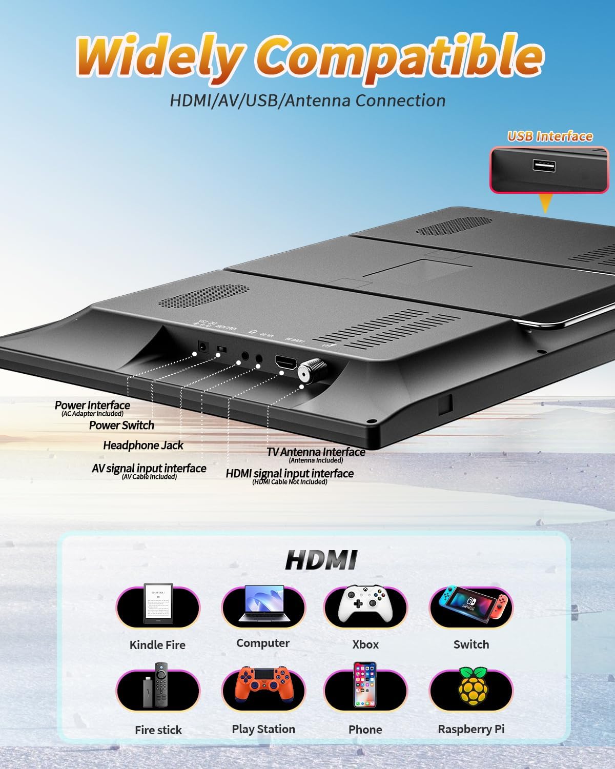 NORTHING 19 Inch Portable TV for Indoor Outdoor,Full HD 1080P Portable TV for Camping, 8000mAH Built-in Power Operated TV, Antenna/HDMI/USB/AV Input, Small T V for Kitchen Patio Camping RV Boat Car