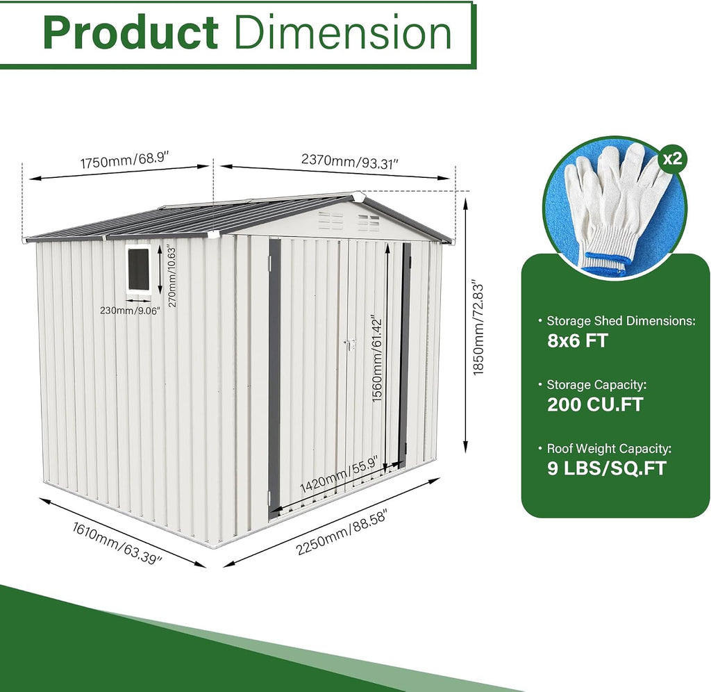 KEIKI 8x6 FT Outdoor Metal Storage Shed with Window and Lockable Door,Peaked Roof for Patio Backyard Garden