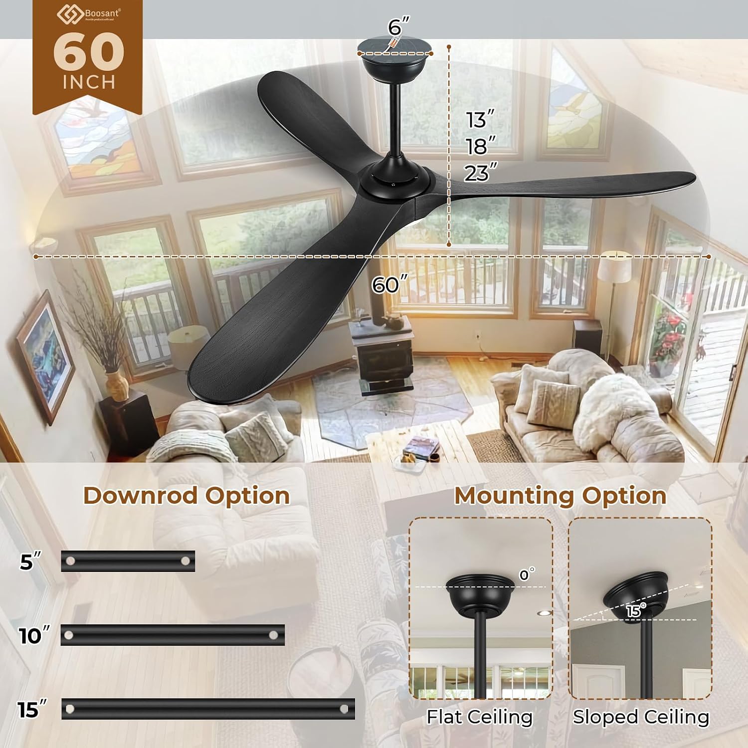 60' Ceiling Fans with Lights and Remote Control, Outdoor Ceiling Fan with Lights High CFM Quiet 3 Blades Propeller Wood Ceiling Fan for Patio,Porch,Farmhouse,Gazebo,Matte Black
