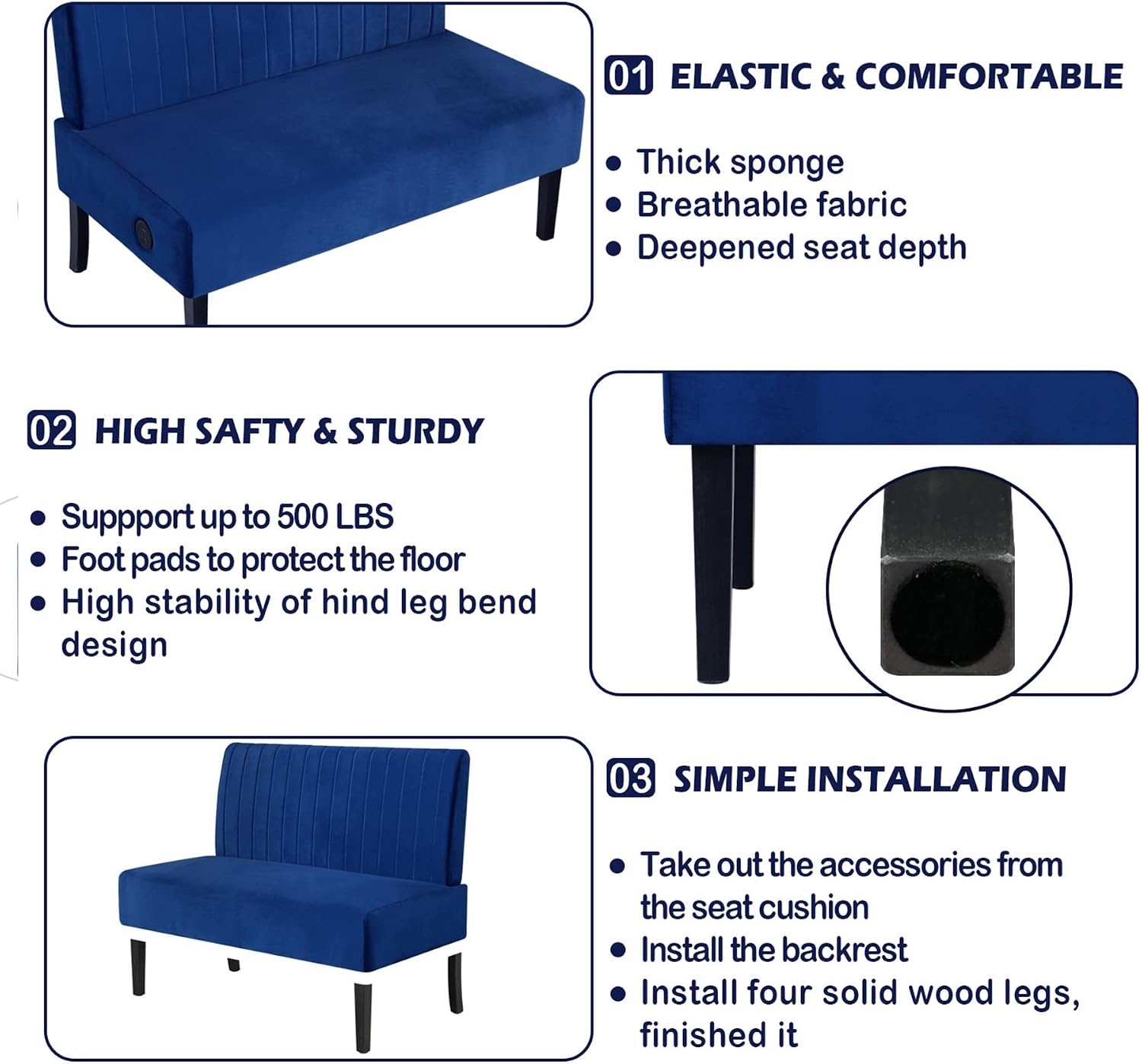 STHOUYN Mini Comfy Couch Armless Loveseat Sofa with USB Port, Velvet Couches for Small Spaces Living Room, Apartment Office Dorm (Navy Blue)