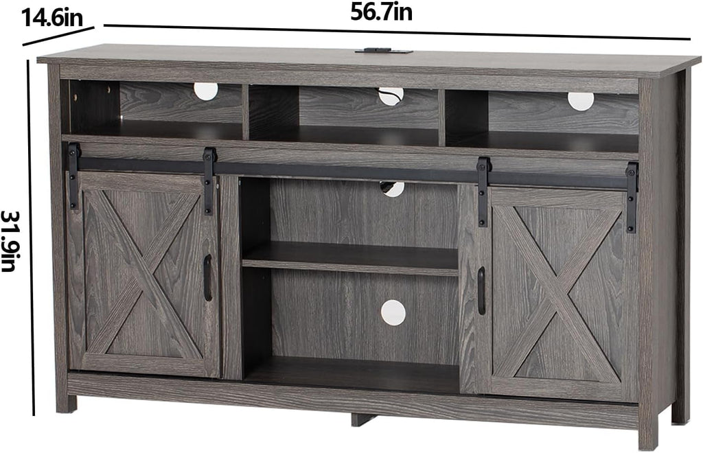 57' LED Farmhouse TV Stand for 65/60/55 Inch TVs,Tall Entertainment Center Storage Cabinets w/Power Outlets and Sliding Barn Door,Rustic TV Stands for Living Room,Media Console Cabinet (Charcoal)