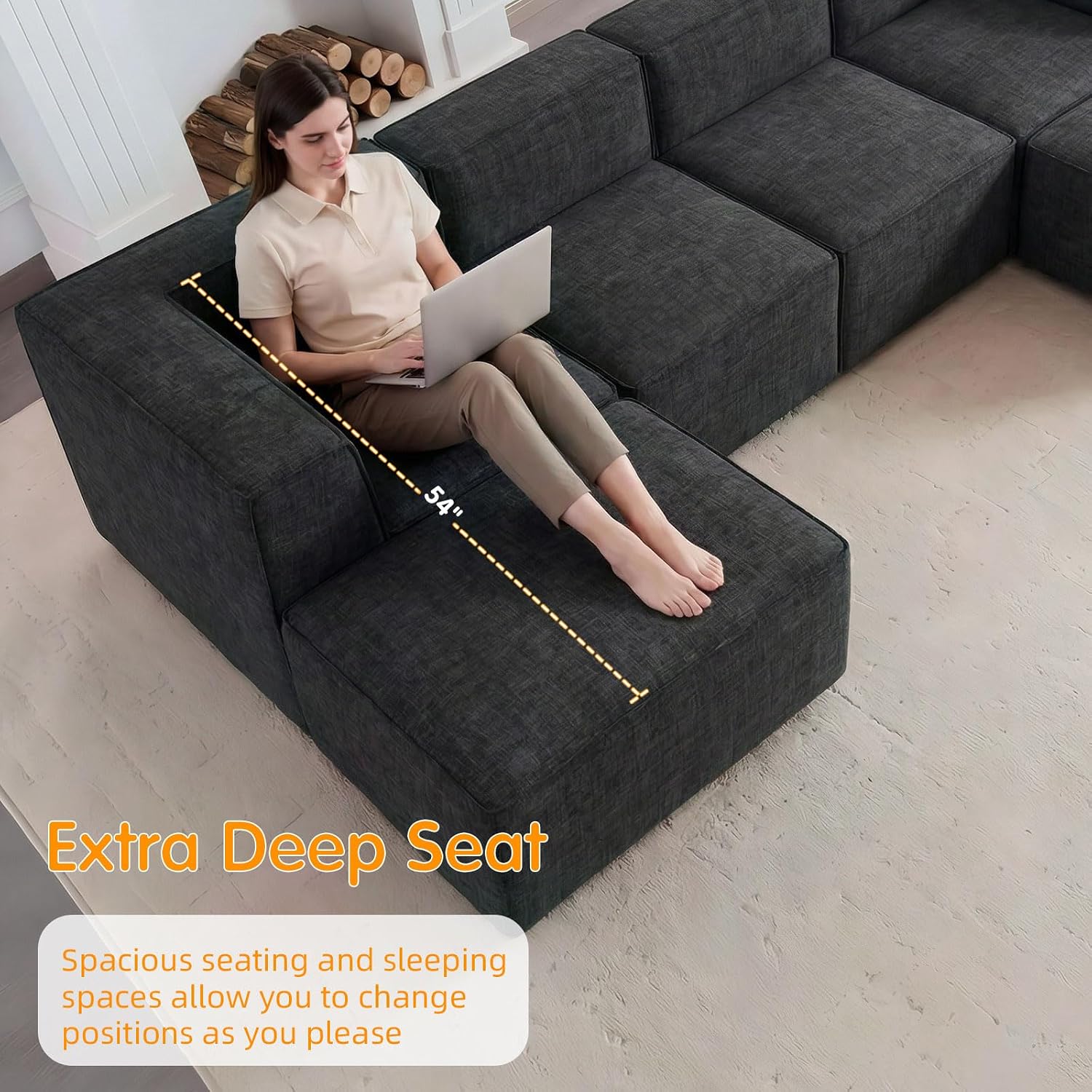136' 6-Piece Sectional Sofa Modular Couches,L-U-Shaped with Chaise,for Living Room,Compressed Foam No Assembly,for Living Room (2xArmless Corner Ottoman) Fabric Chenille Dark Grey