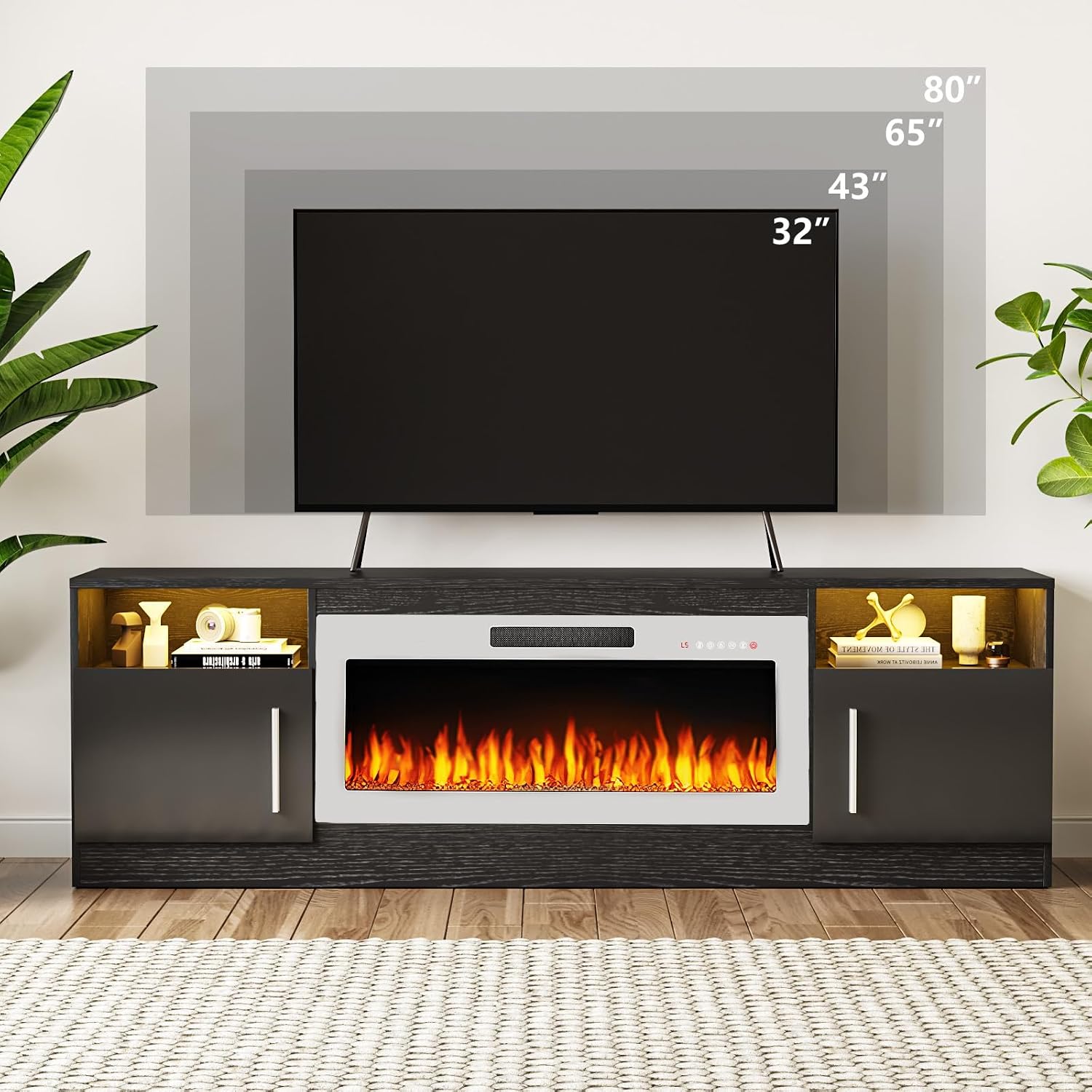 TAVATA 70' Fireplace TV Stand, Modern LED Light Entertainment Center with Storage and 36' Fireplace, Media TV Console for TVs Up to 80', Fire Place TV Stands for Living Room, Black+White
