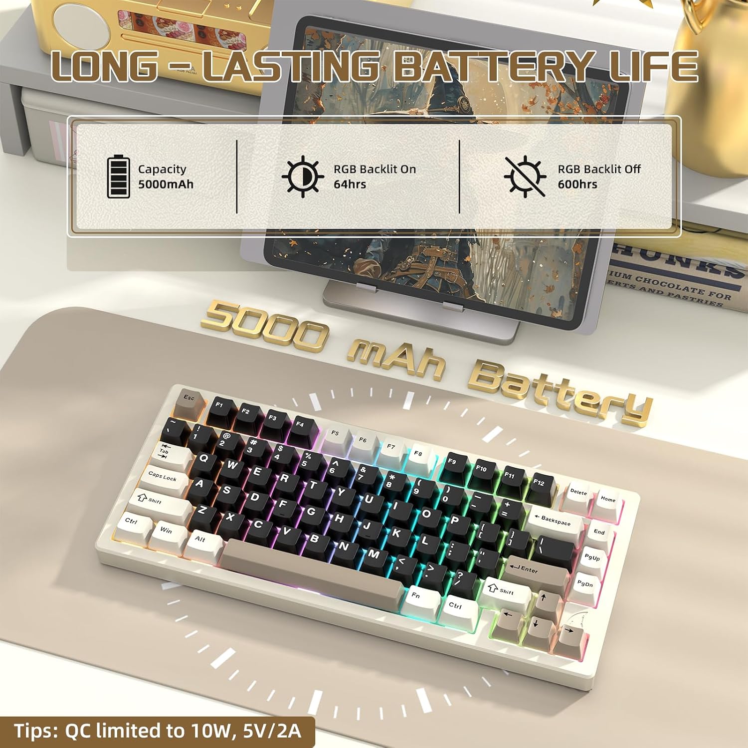 ATTACK SHARK X75-QMK Wireless Mechanical Gaming Keyboard - CNC Aluminum Alloy Shell, Customizable RGB Lighting Gasket Mount, Tri-Mode (2.4G/BT/Wired), VIA Compatible for WIN/MAC/PS4/Xbox- Mlilky White