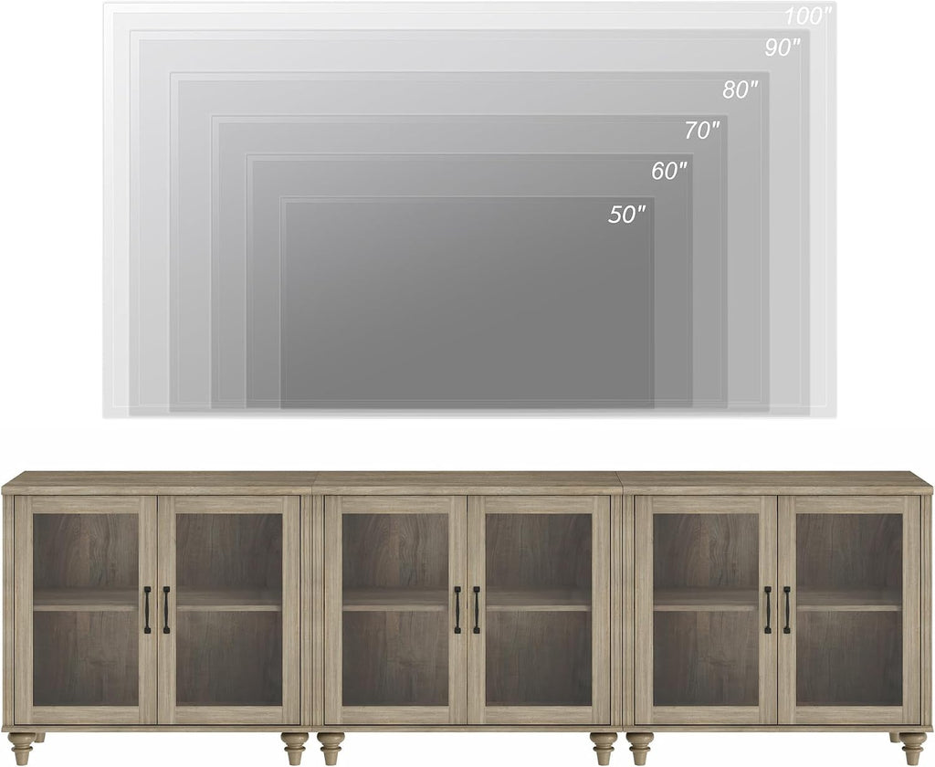 WAMPAT 100 Inch TV Stand with Glass Door, Wood TV Cabinet Entertainment Center for 75/80/85 Inch TV, 3-in-1 Kitchen Buffet Cabinet with 6 Storage Cabinets for Dining Room & Living Room, Wash Grey