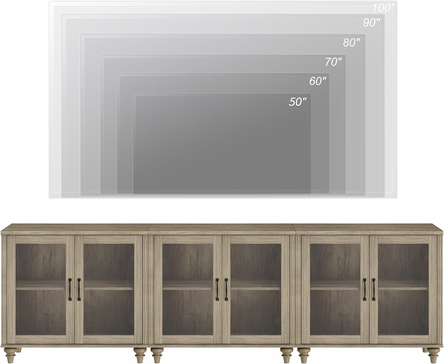 WAMPAT 100 Inch TV Stand with Glass Door, Wood TV Cabinet Entertainment Center for 75/80/85 Inch TV, 3-in-1 Kitchen Buffet Cabinet with 6 Storage Cabinets for Dining Room & Living Room, Wash Grey