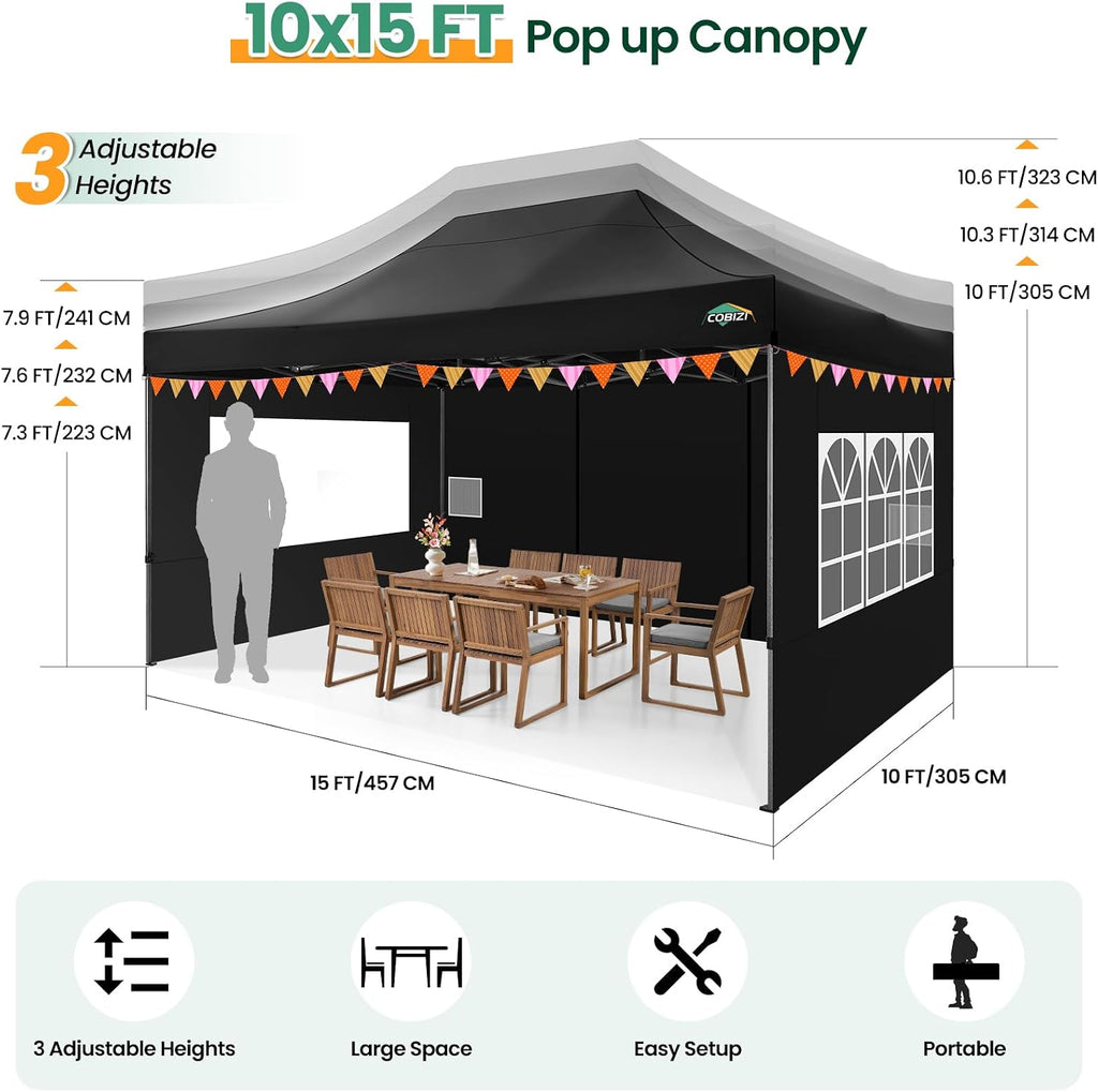 COBIZI 10x15 FT Heavy Duty Pop up Canopy with 4 Removable Sidewalls, Easy up Gazebo High Stability, All Weather Sunshade 100% Waterproof Outdoor Canopy Tents with Carry Bag, Black