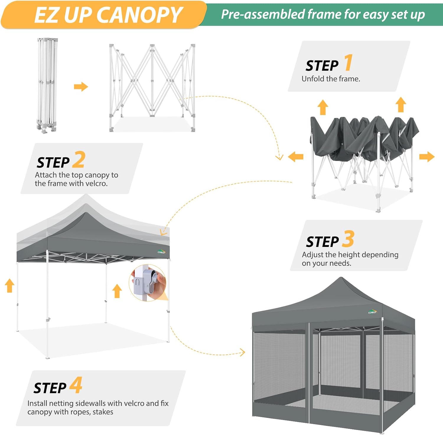 COBIZI 10x10 Canopy Tent with 4 Sidewalls,Heavy Duty Pop up Canopy with Mosquito Netting,Easy up Screen Tent for Parties Wedding Outdoor Camping with Handbag,Gray
