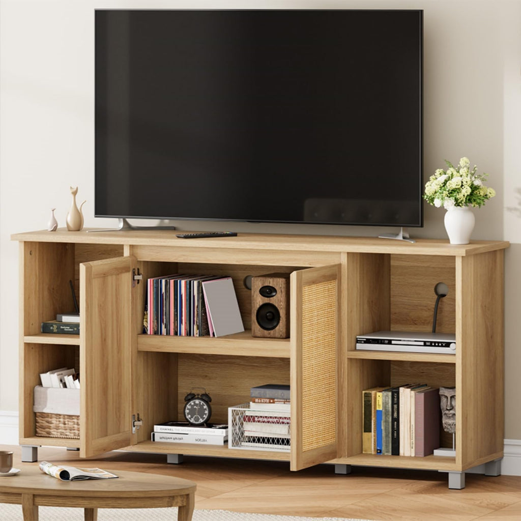GarveeHome 70 Inch TV Stand, Mid-Century Modern Entertainment Center with Rattan Cabinet Doors, Media Console with Open Shelves, TV Stands for Living Room - Natural