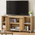 GarveeHome 70 Inch TV Stand, Mid-Century Modern Entertainment Center with Rattan Cabinet Doors, Media Console with Open Shelves, TV Stands for Living Room - Natural