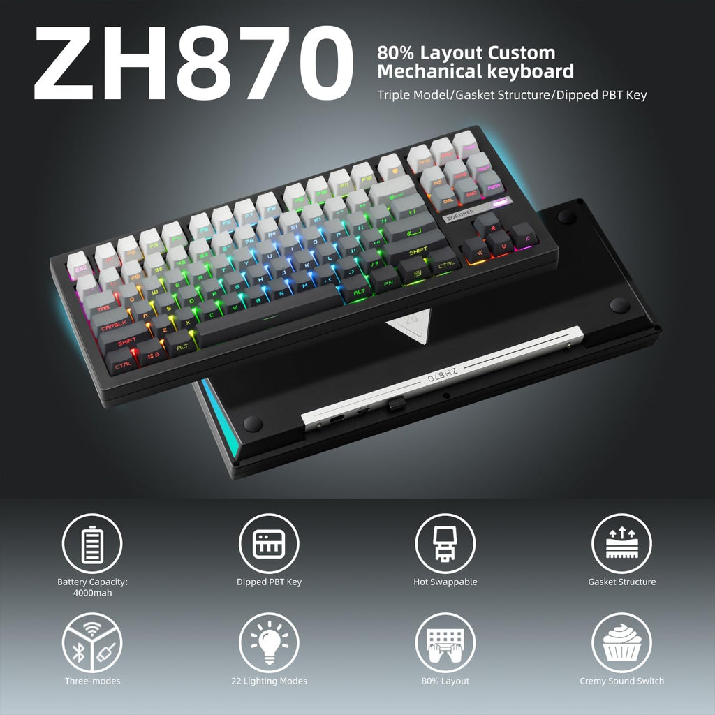 ZORNHER ZH870 Wireless Mechanical Gaming Keyboard,80% Black Custom Creamy Sound Keyboard with Shine Through PBT Keycaps,Pre-lubed Linear Switches,Hot-Swappable,RGB Backlit,2.4GHz/USB-C/BT5.0