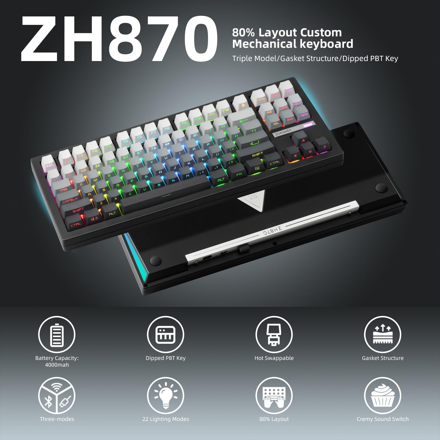 ZORNHER ZH870 Wireless Mechanical Gaming Keyboard,80% Black Custom Creamy Sound Keyboard with Shine Through PBT Keycaps,Pre-lubed Linear Switches,Hot-Swappable,RGB Backlit,2.4GHz/USB-C/BT5.0