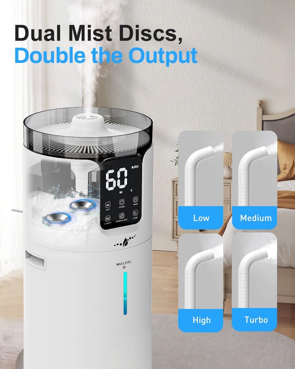 Lacidoll 16L Smart Humidifier large room, Whole house Humidifier for Home 1500 sq.ft with APP/Voice/Remote Control, Ultrasonic Cool Mist Humidifiers for Bedroom, Plants, office with Tube, White