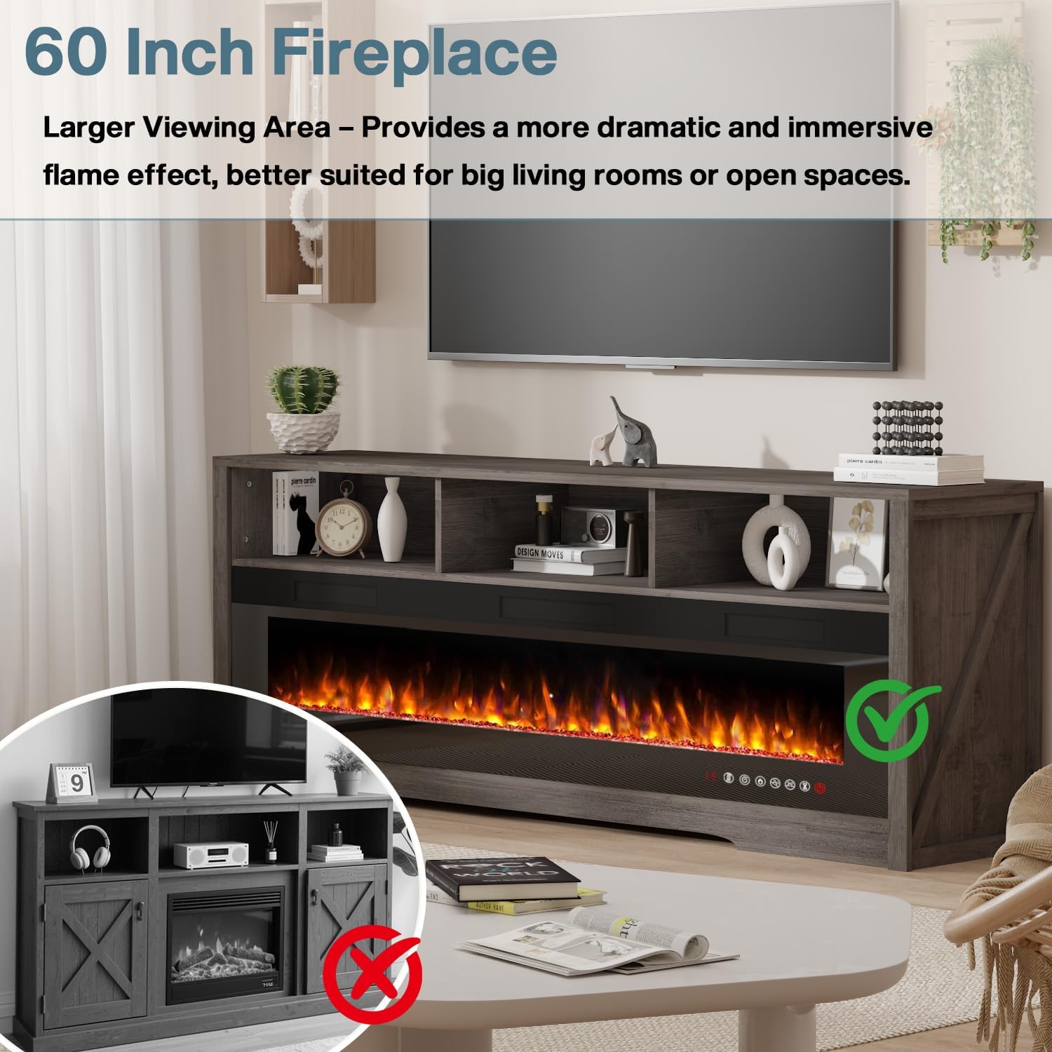 PRETZI 65' Fireplace TV Stand with 60' Glass Electric Fireplace for TVs Up to 75 inch, Modern Fireplace Entertainment Center with Open Storage Shelf, Media Console TV Cabinet for Living Room, Grey