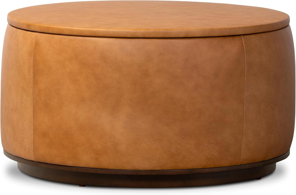 Poly & BARK Herve Storage Ottoman – Round Italian Full-Grain Leather Ottoman with Hidden Storage – Solid Wood Base in Walnut Finish – Cognac Tan