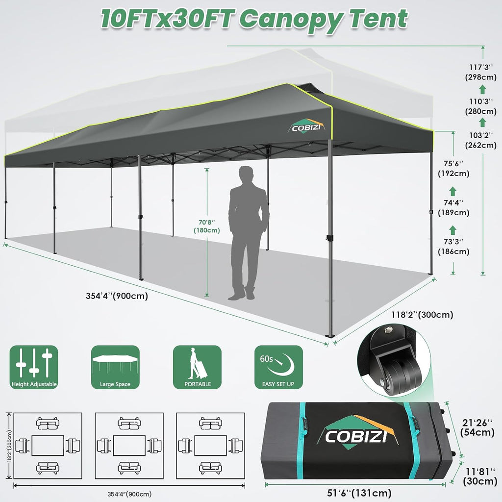 COBIZI 10x30 Pop Up Canopy One Push Party Tent with Air Vent Waterproof Commercial Outdoor Patio Gazebo for Parties Wedding Backyard Events, 3 Adjustable Height, Wheeled Bag, Sandbag, Stakes, Gray