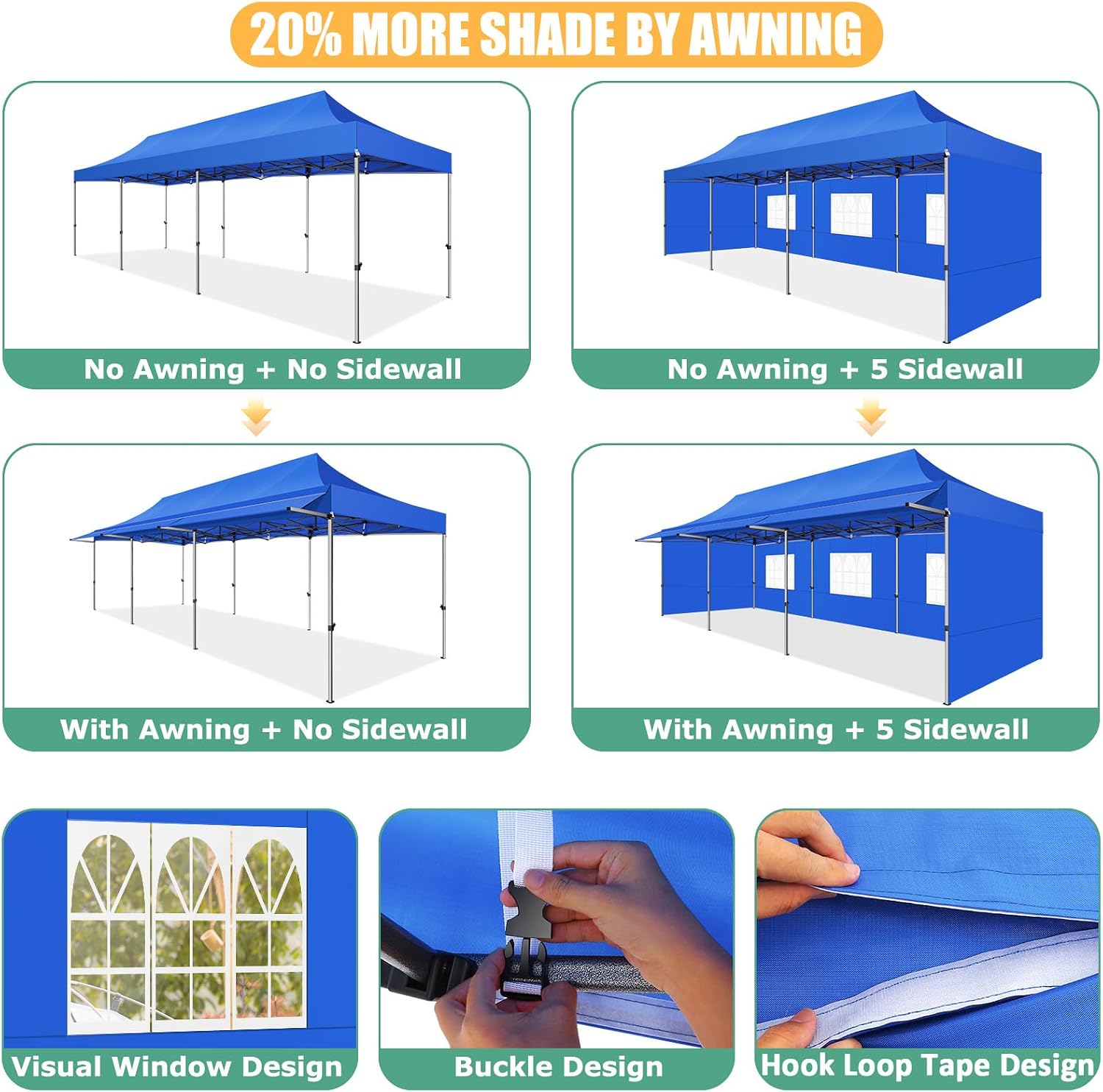COBIZI 10x30 Pop Up Canopy Tent with Awning,Heavy Duty Canopy UPF 50+ All Season Wind Waterproof Commercial Outdoor Street Vendors Party Tents for Parties Canopy with Roller Bag(10 x 30 ft Blue)