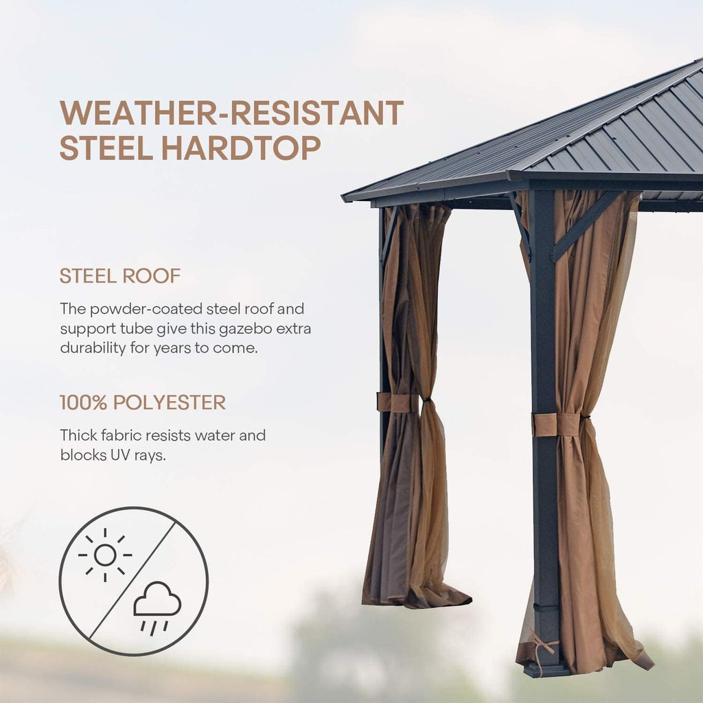 10'x12' Hardtop Gazebo, Permanent Metal Roof Gazebo with Galvanized Steel Frame & Single Roof, Outdoor Hard Top Gazebo with Nettings, Curtains and Hooks for Deck, Patio (Black)
