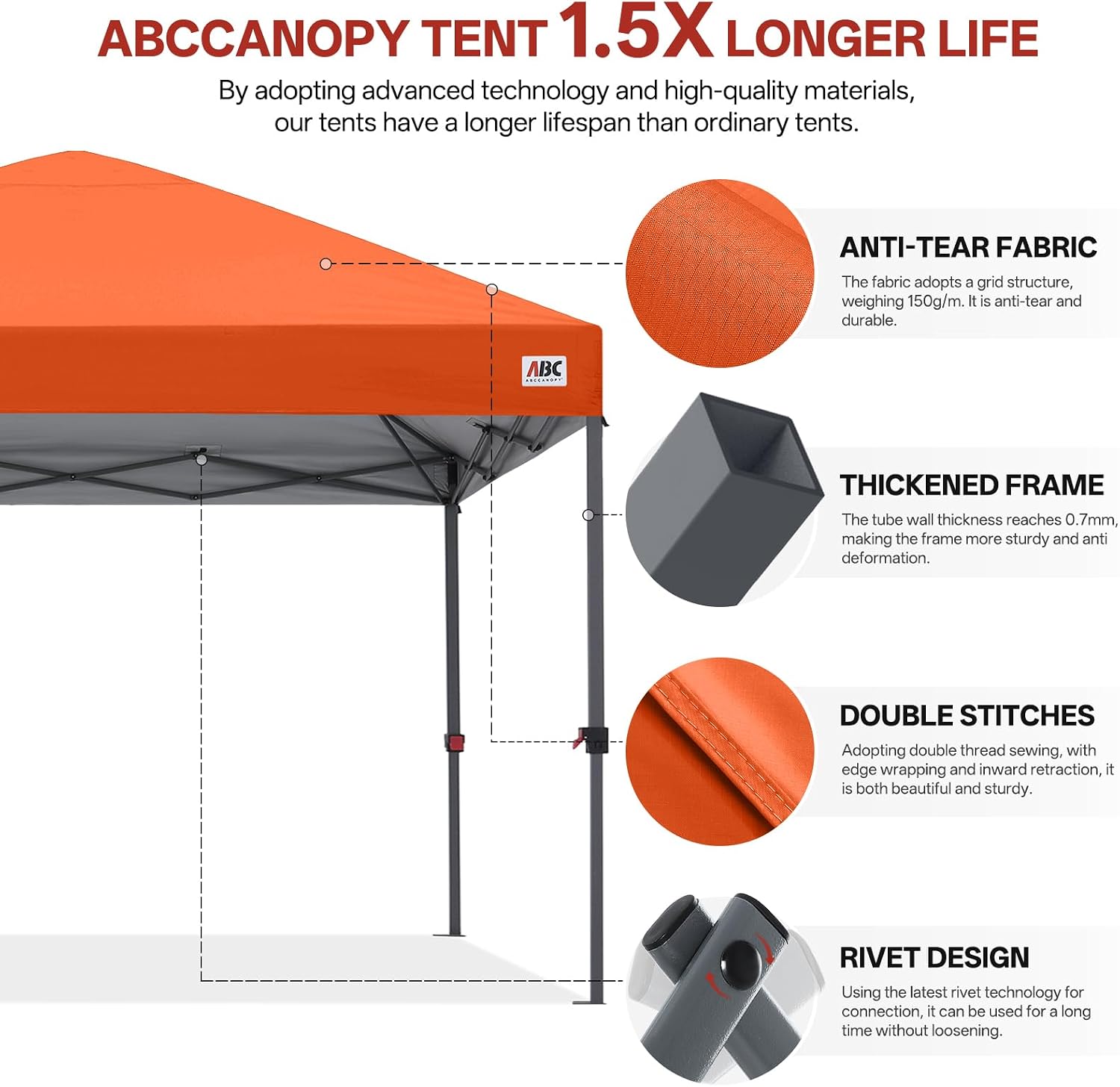 ABCCANOPY 10x10 Pop Up Canopy Tent, Easy Setup Instant Shelter with Wheeled Bag, Heavy Duty Outdoor Canopy for Beach, Market, Backyard, UV Protection, Outdoor Weather Protection (Orange, 10x10)