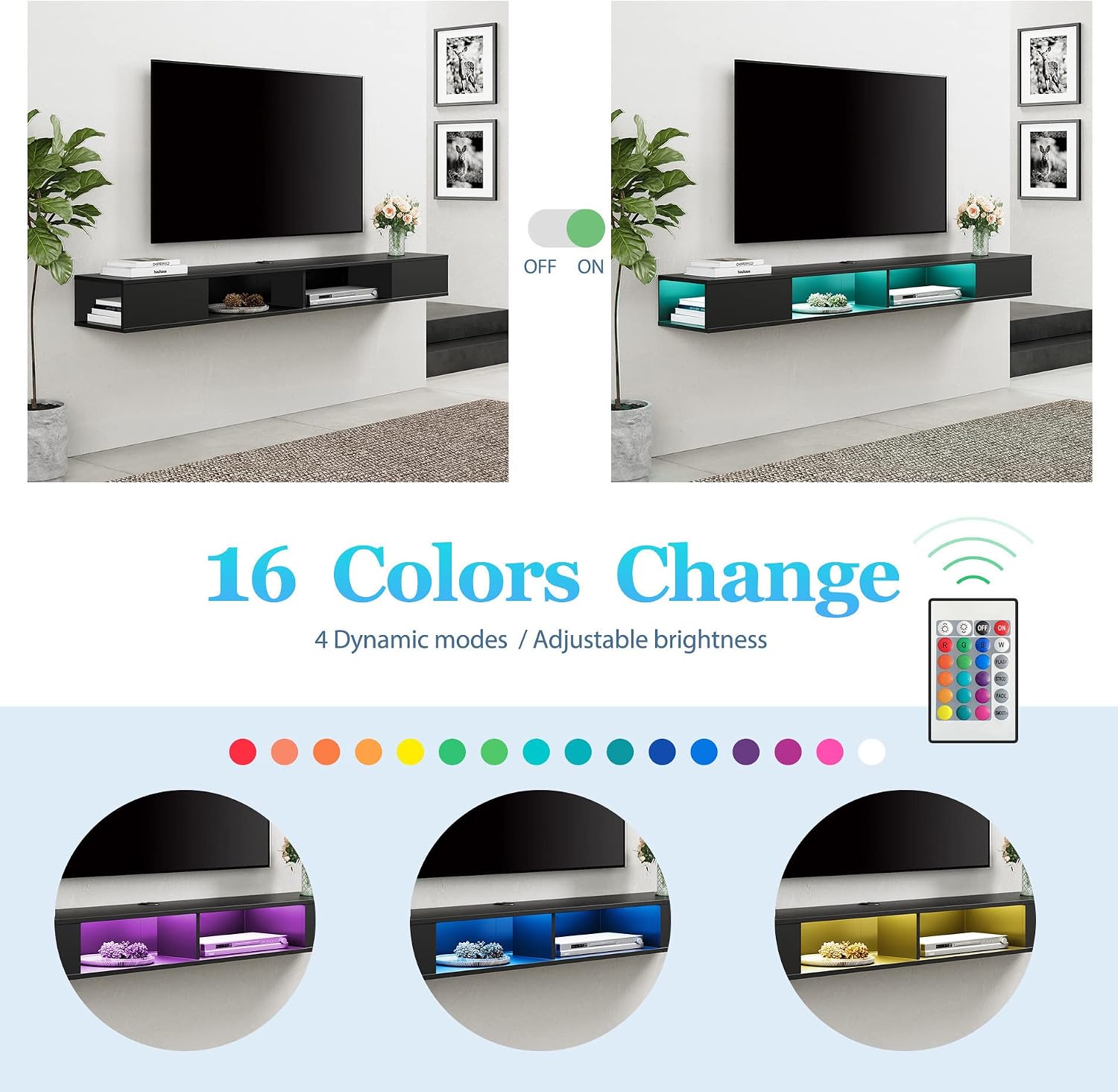 WAMPAT Black Floating TV Stand 70 inch, Wall Mounted Entertainment Center with Storage for 65/70/75 inch TV, Floating Shelf with LED Light for Living Room, Bedroom