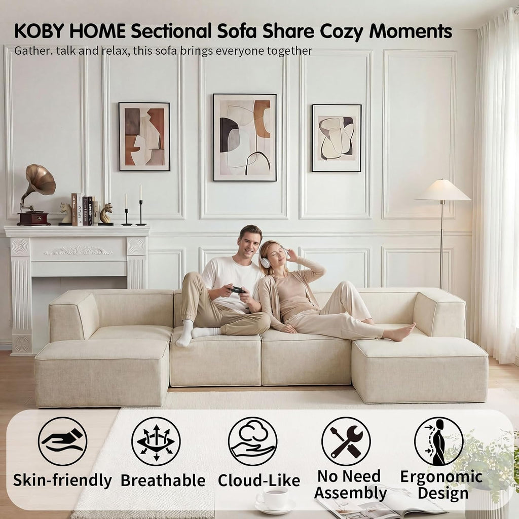 136' 6-Piece Sectional Sofa Modular Couches,L-U-Shaped with Chaise,for Living Room,Compressed Foam No Assembly,for Living Room (2xArmless Corner Ottoman) Fabric Chenille Beige