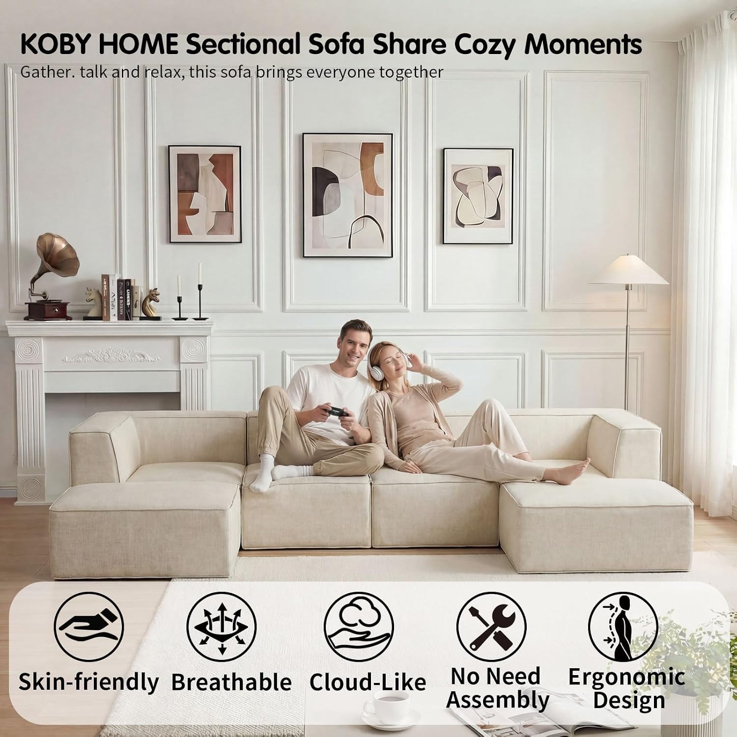 136' 6-Piece Sectional Sofa Modular Couches,L-U-Shaped with Chaise,for Living Room,Compressed Foam No Assembly,for Living Room (2xArmless Corner Ottoman) Fabric Chenille Beige