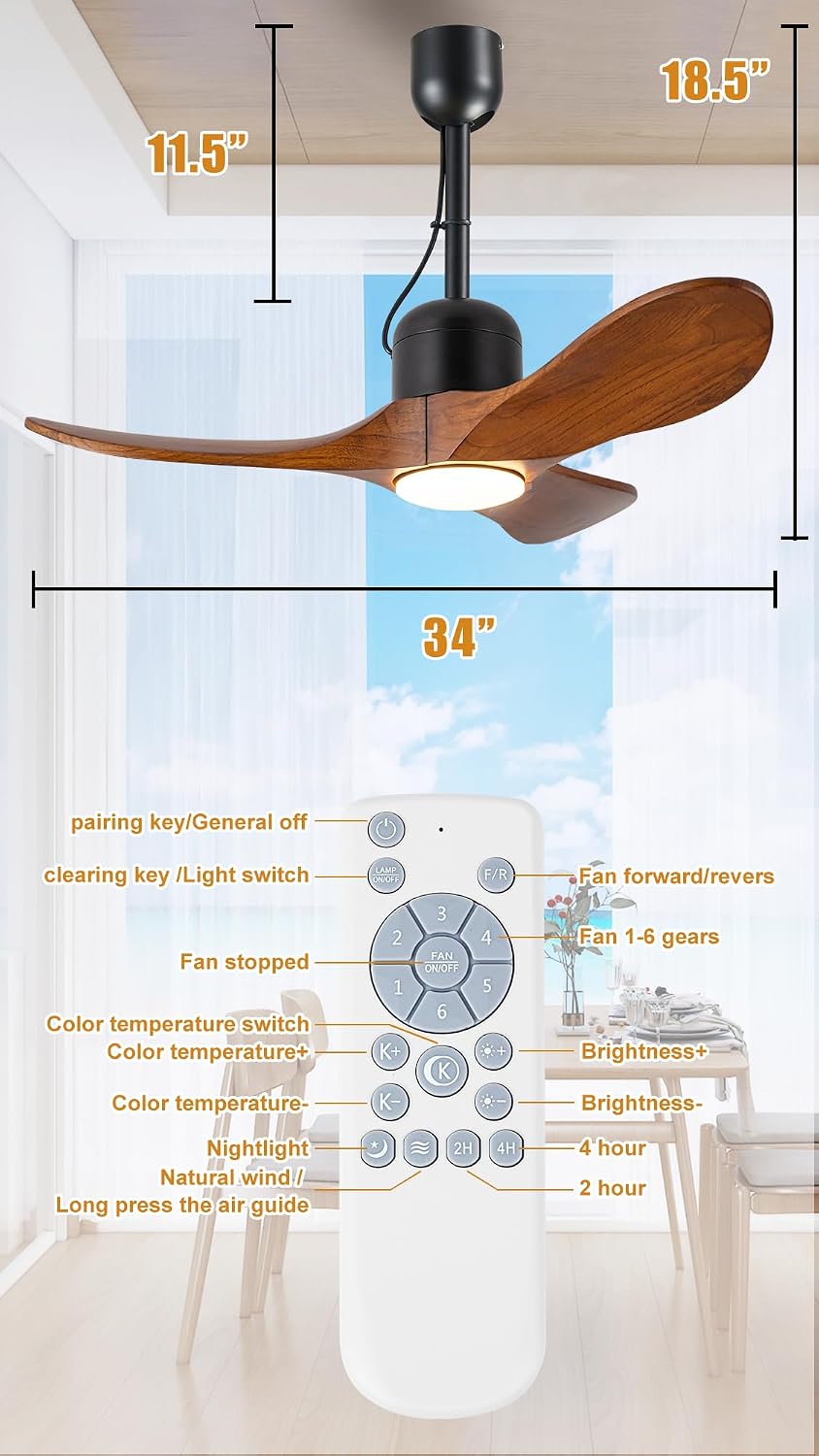 34 Inch Outdoor Ceiling Fan with Light and Remote, Wet Rated Wood Gazebo Fan with 16ft Plug-in Cord, 3 Walnut Blades Farmhouse Patio Fan, Reversible DC Motor, Memory Function, Matte Black