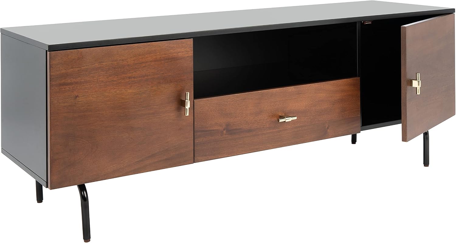SAFAVIEH Genevieve TV Stand for up to 65' Flatscreen – Black & Walnut Brown Finish, Mid-Century Modern Storage Cabinet, Entertainment Media Console (MED5000F)