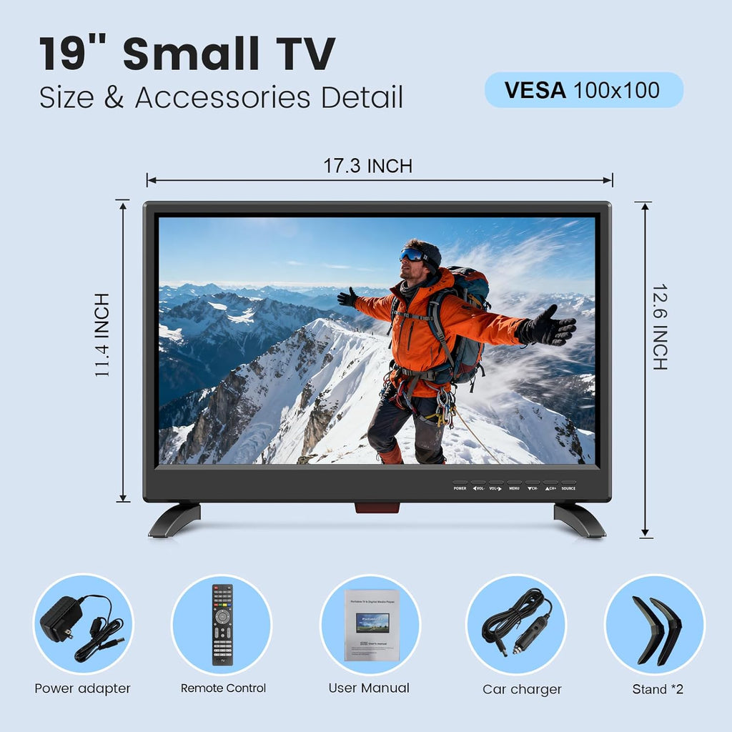 Feihe 19 Inch Flat Screen TV Built in Digital ATSC Tuners, 1080p LED TV with HDMI VGA AV USB Port for Kitchen, Bedroom, RV, Caravan, Camping, Outdoor