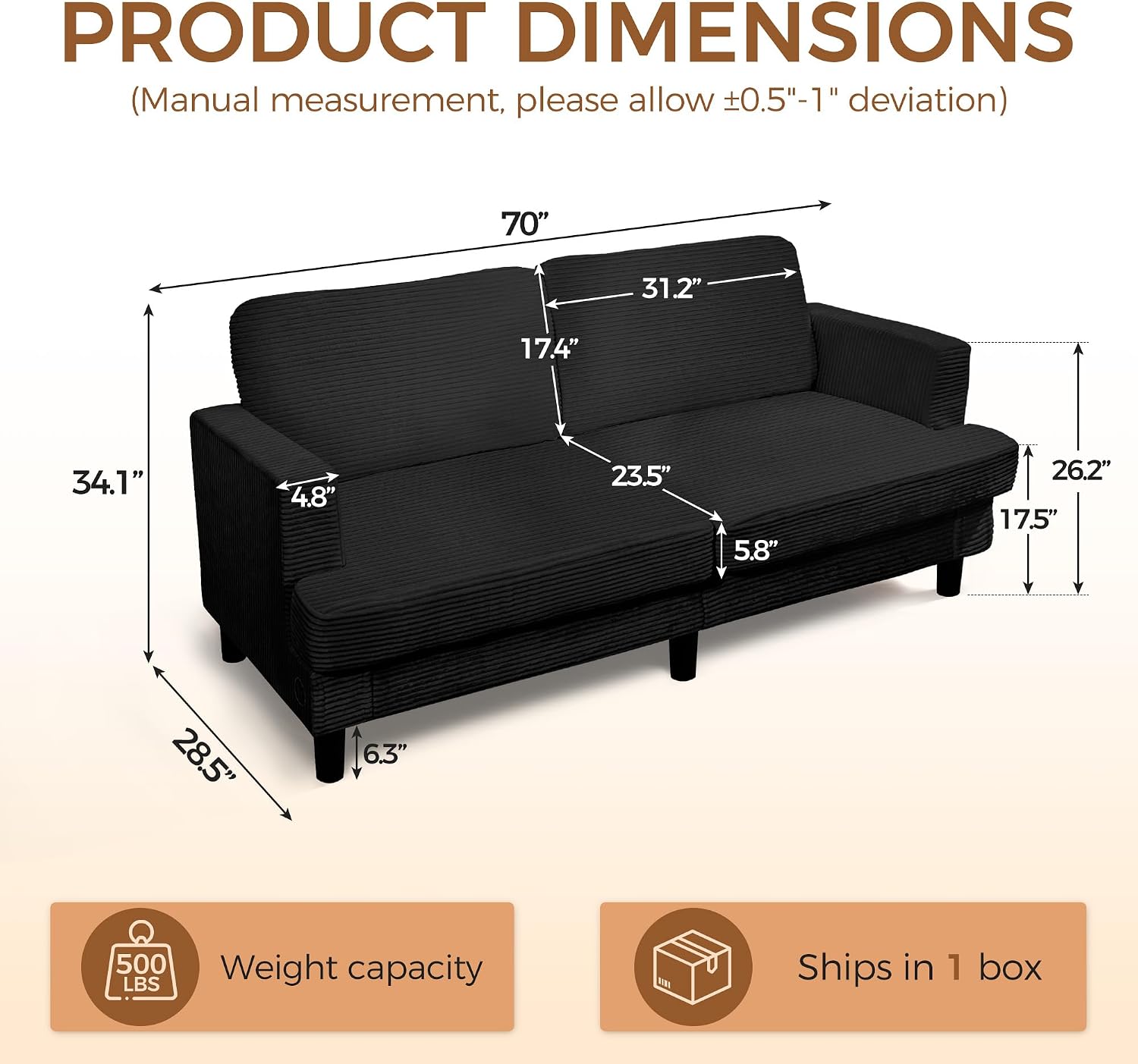 MAKIAAP 70' Loveseat Sofa for Living Room, Comfy Corduroy Couch with USB & Type-C Ports, Modern 2-Seater Deep Seat Small Couch for Bedroom, Apartment, Office – Soft Cushions & Sturdy Frame (Black)