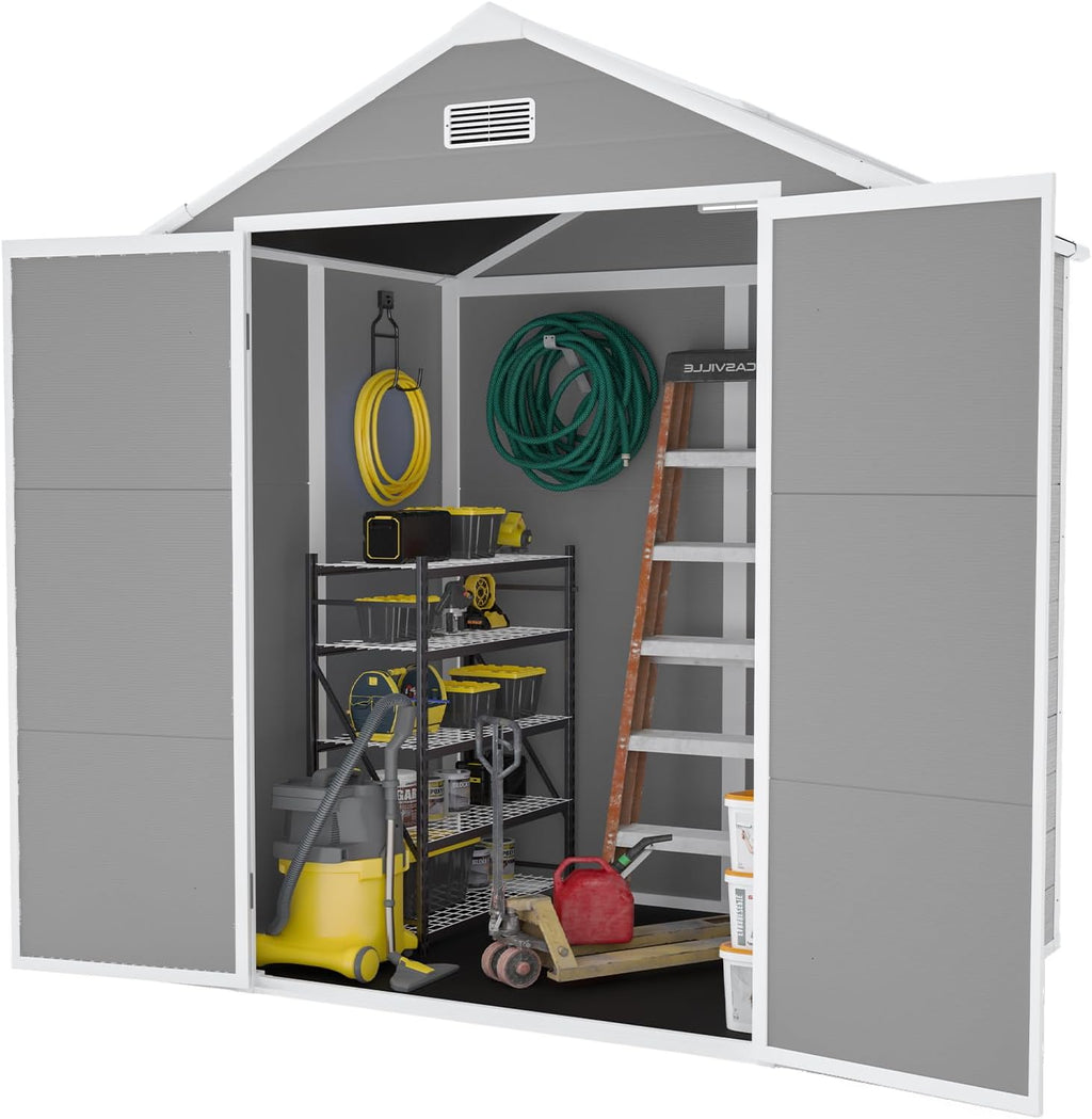 YOPTO 6x5 FT Resin Storage Shed,Garden House with Floor & Lockable Door,Waterproof Plastic Tool Sheds W/Slanting Roof Visual Window & Air Vents for Bicycles,Lawnmowers,Lawn,All Weather Use,Gray