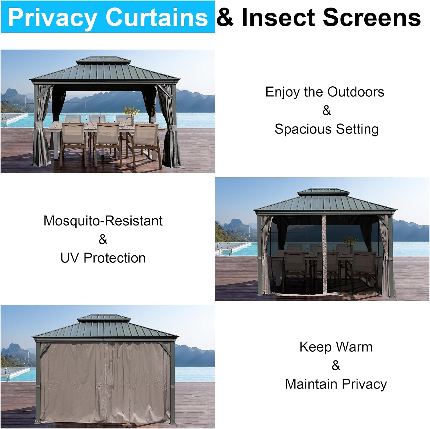 Domi 10' x 13' Outdoor Hardtop Gazebo, Upgraded Metal Gazebo with Galvanized Steel Double Roof, Heavy Duty Canopy Permanent Pavilion for Patio Lawn and Garden, Curtains and Netting Included, Grey