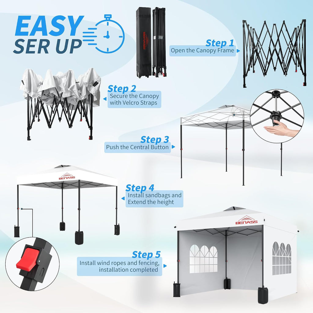 10x10 Pop Up Canopy with Sidewalls, Easy Up Canopy Tent, Heavy Duty Tents for Parties, One Person Set Up Event Tent, White