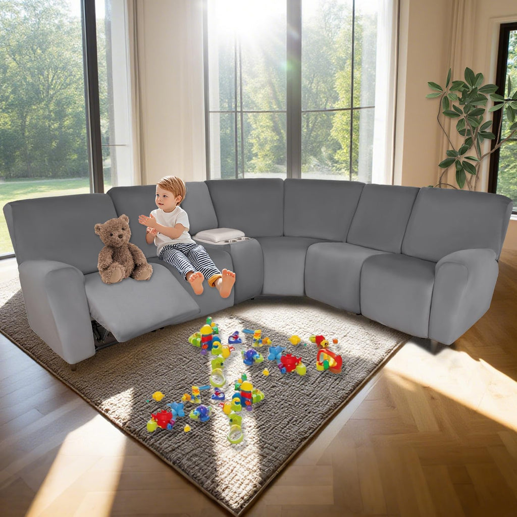 HDCAXKJ Reclining Sectional Couch Covers Velvet L Shaped Sectional Sofa Cover Washable Stretch Soft Corner Recliner Slipcover with Non-Slip Elastic Bottom (5 Seat and 2 Middle Console, Dark Gray)