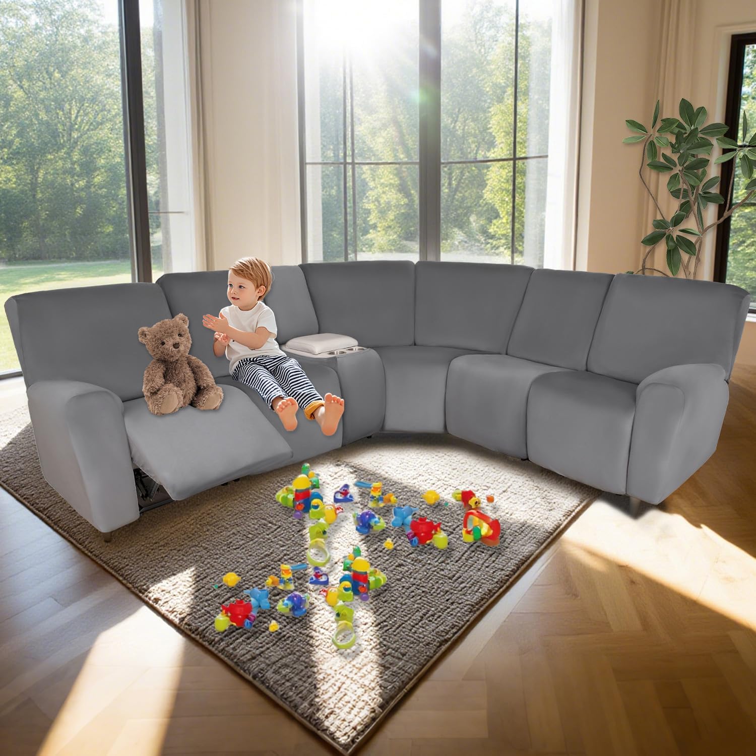 HDCAXKJ Reclining Sectional Couch Covers Velvet L Shaped Sectional Sofa Cover Washable Stretch Soft Corner Recliner Slipcover with Non-Slip Elastic Bottom (5 Seat and 2 Middle Console, Dark Gray)