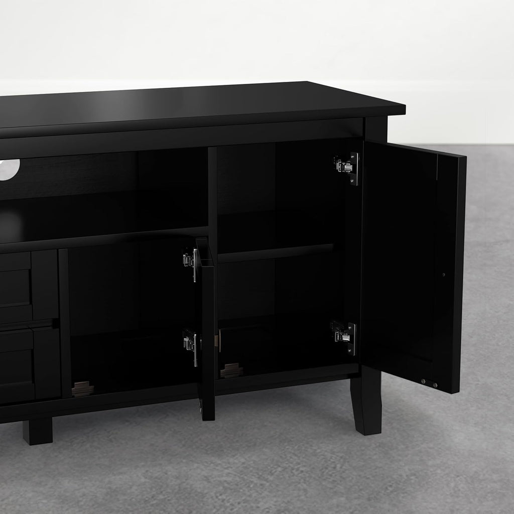 SIMPLIHOME Warm Shaker TV Stand - 72 inch Wide Solid Wood Media Console in Deep Black, Transitional Entertainment Center for Living Room for TVs up to 80 Inches with Cabinets and Cable Management