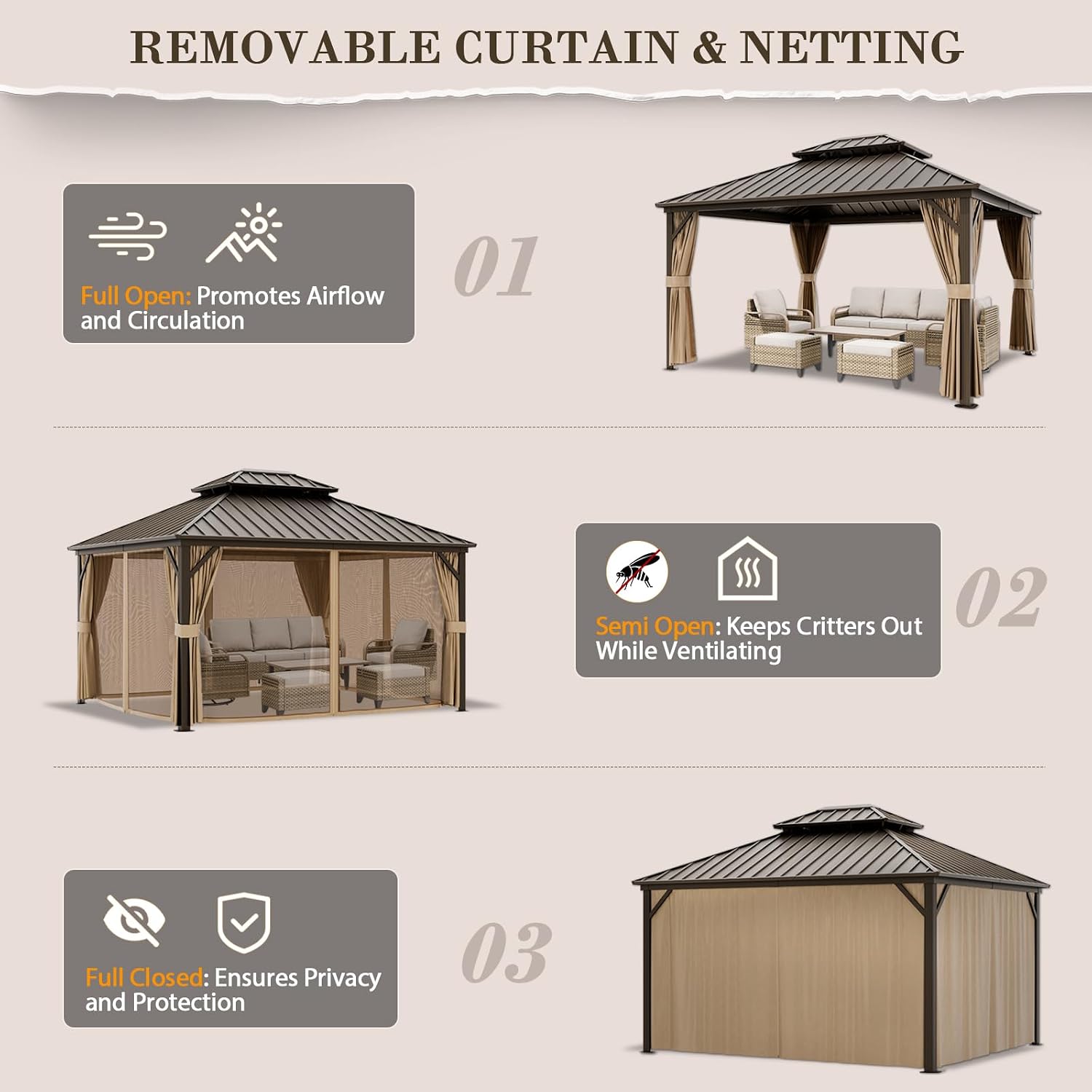 EAGLE PEAK 12x14 Hardtop Gazebo, Galvanized Steel Double Roof with Aluminum Frame, Outdoor Pavilion with Netting and Curtains for Patio, Deck, Lawn and Garden, Dark Brown/Tan
