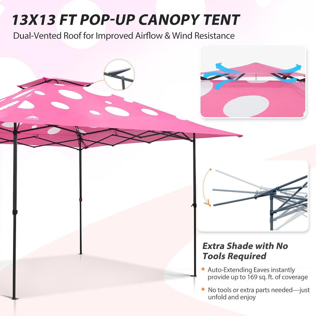 EAGLE PEAK 13x13 Straight Leg Pop Up Canopy Tent Instant Outdoor Canopy Easy Single Person Set up Folding Shelter w/Auto Extending Eaves 169 Square Feet of Shade (Pink Mushroom)