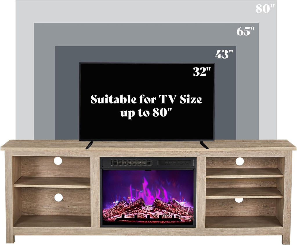 AMERLIFE Fireplace TV Stand, Wood Texture Entertainment Center with 23' Electric Fireplace, Farmhouse Entertainment Stand Media TV Console for TVs Up to 80', 70 inches, Natural Oak