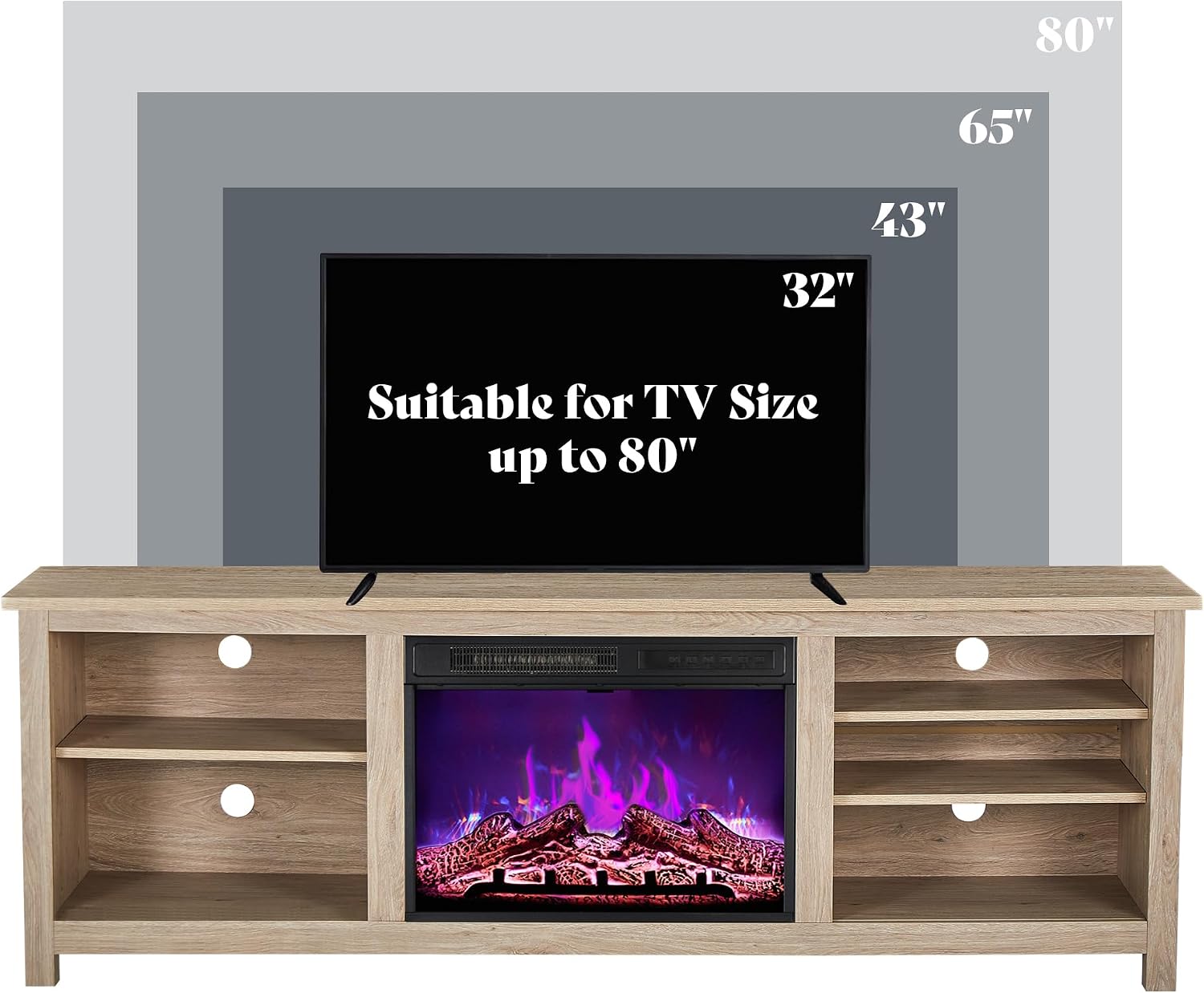 AMERLIFE Fireplace TV Stand, Wood Texture Entertainment Center with 23' Electric Fireplace, Farmhouse Entertainment Stand Media TV Console for TVs Up to 80', 70 inches, Natural Oak