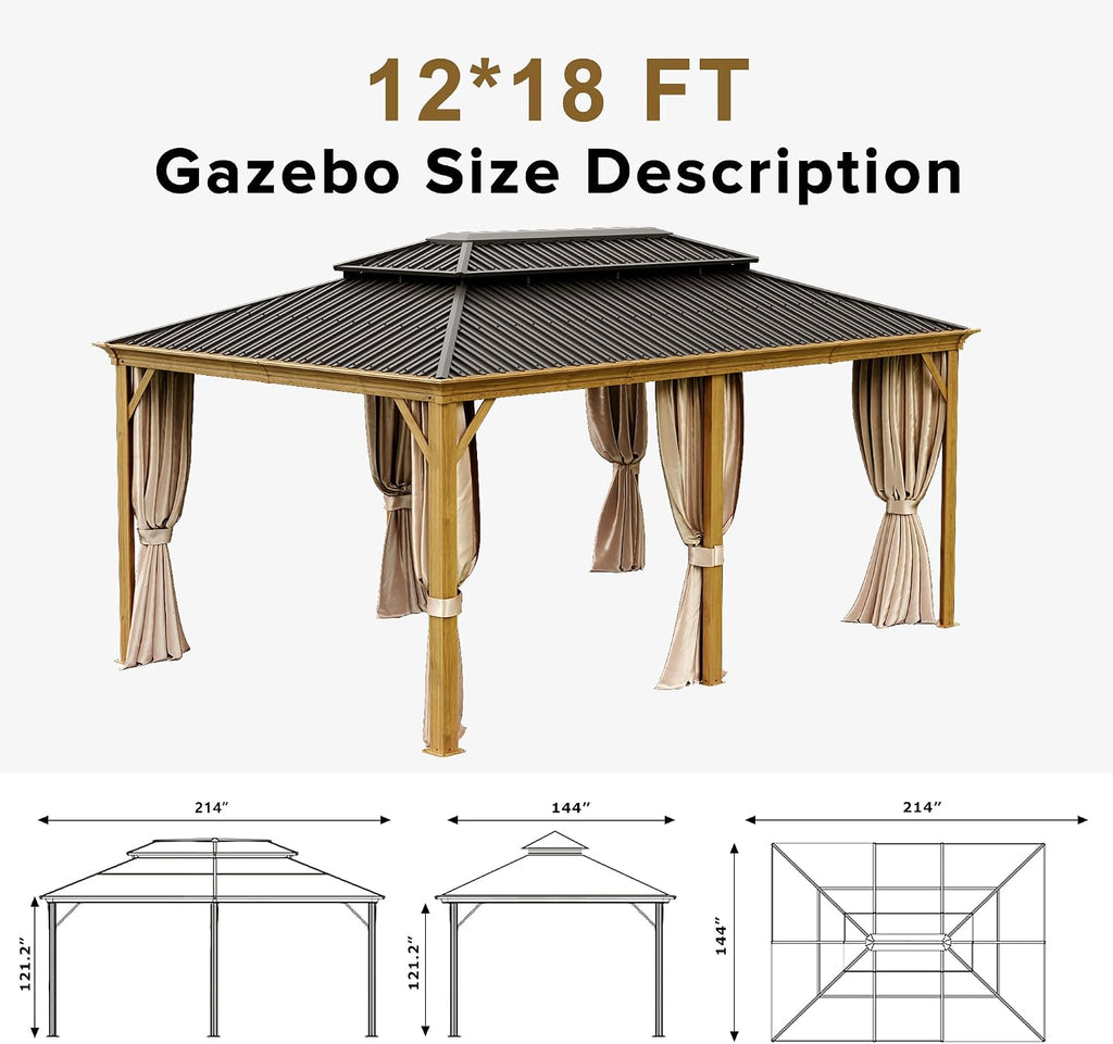 12x18ft Hardtop Gazebo, Wooden Finish Coated Aluminum Frame Canopy with Galvanized Steel Double Roof, Outdoor Permanent Metal Pavilion with Curtains & Netting for Garden, Brown (Wooden 12x18 Ft)